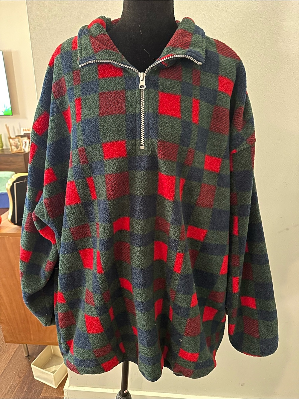 Vintage Trader Bay Green & Red Plaid Half-Zip Fleece Sweater